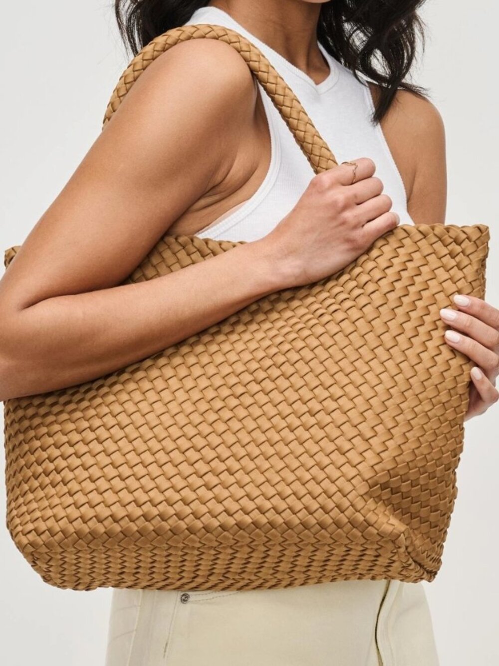 Sol and Selene Sky's The Limit Medium Tote Neoprene Tan Sand Crossbody Bag - Picture 3 of 8